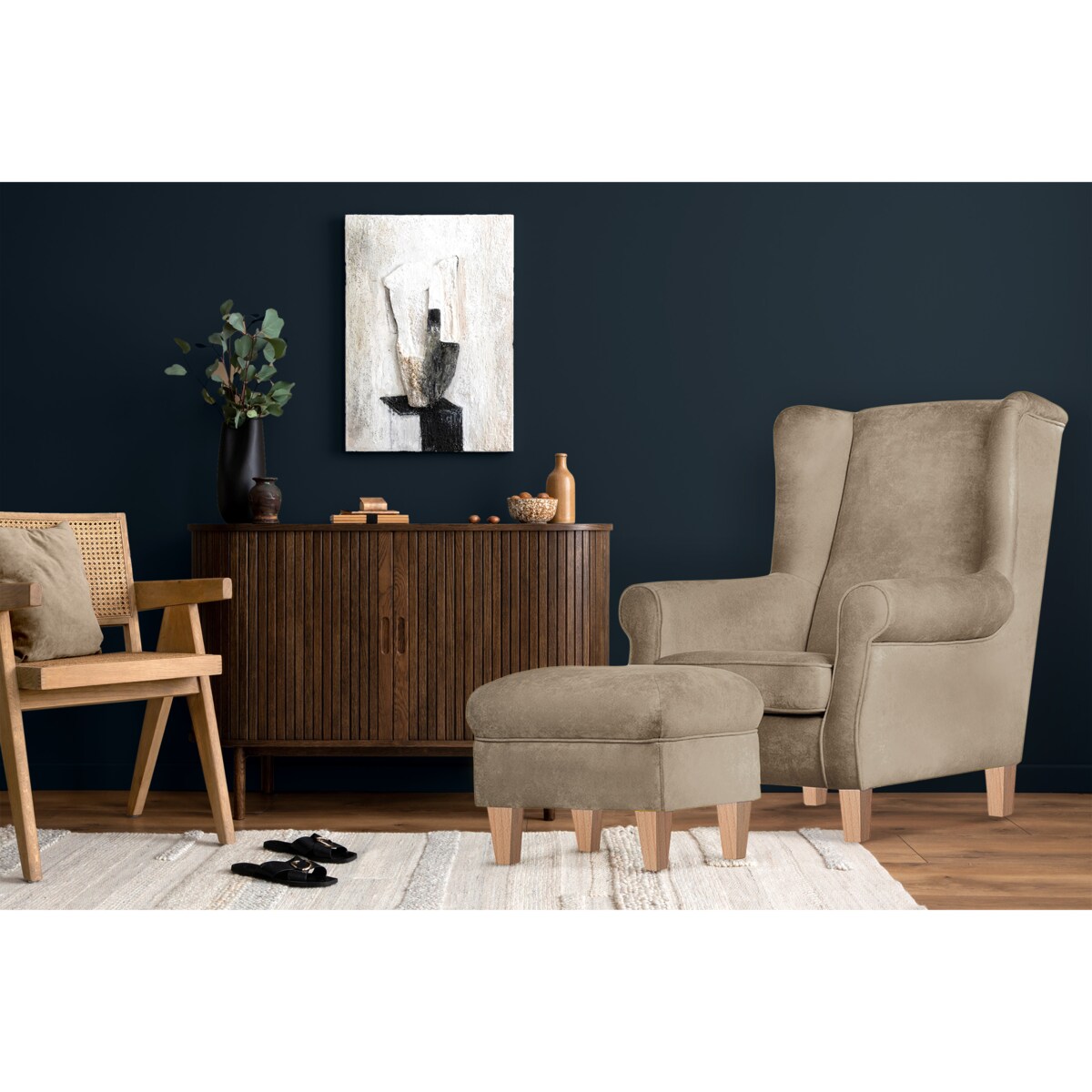 KONSIMO MILES Fotel + puf, kolor Beżowy
