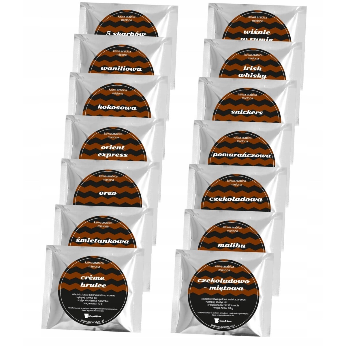 ZESTAW 14 SMAKÓW KAW DESEROWYCH DLA PODRÓŻNIKA TURYSTY NA WYJAZD + ZAPARZACZE I CUKIER - PREZENT UPOMINEK DLA KOBIETY FACETA