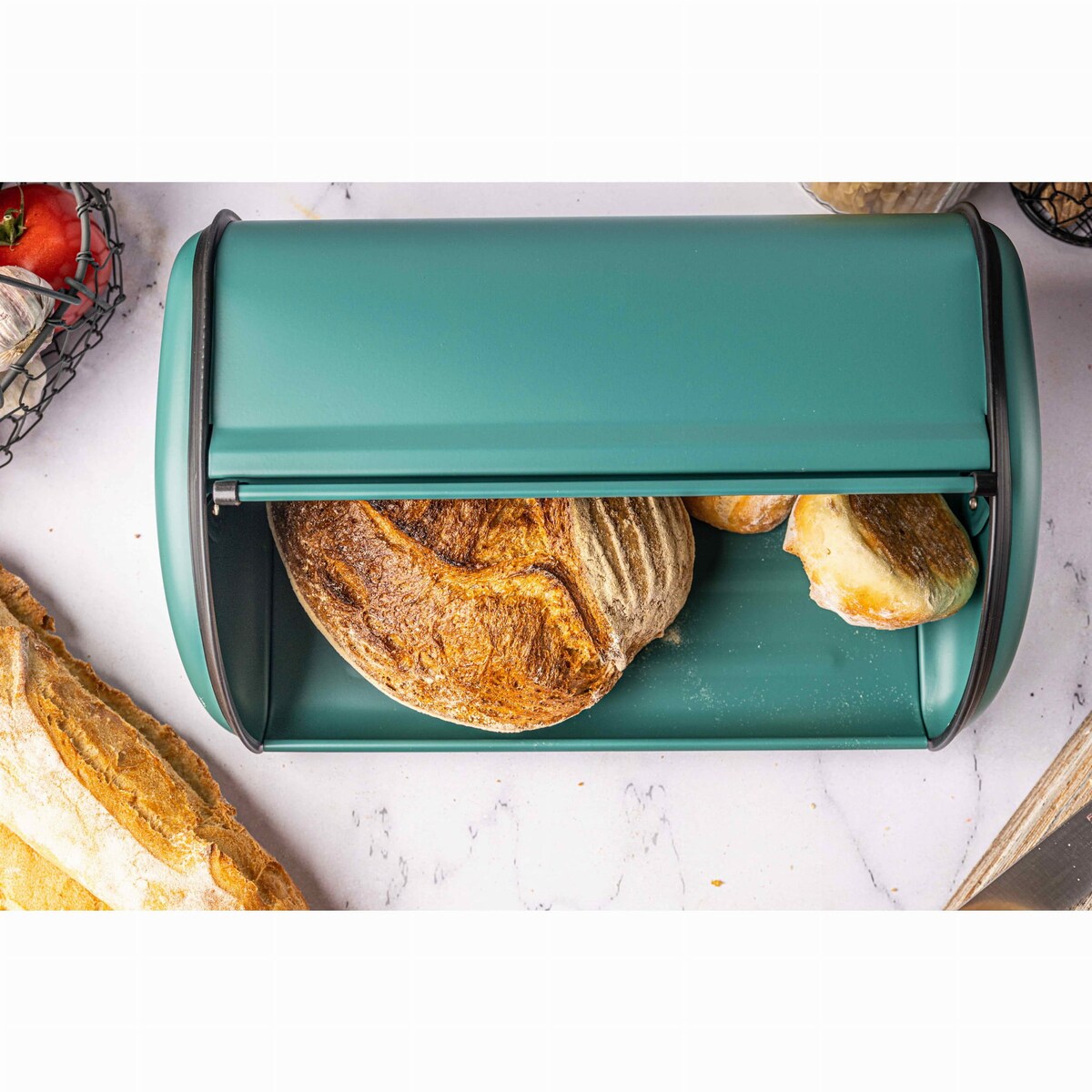 Chlebak stalowy duży 44cm zielony matowy pojemnik na chleb pieczywo bułki KINGHOFF