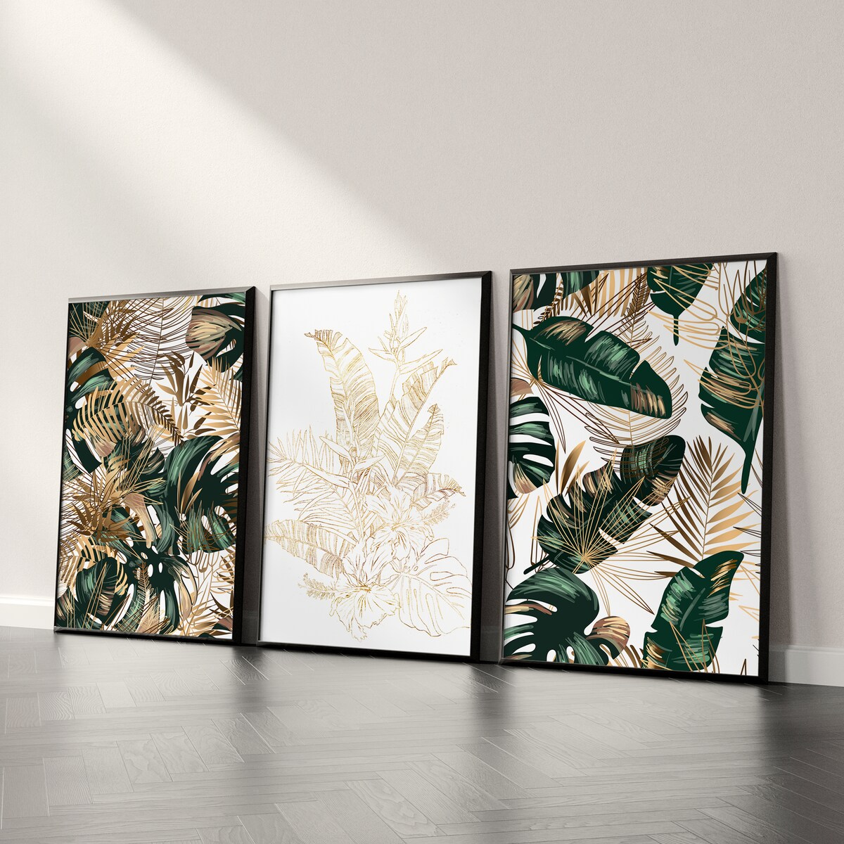 ZESTAW 3X PLAKAT W RAMIE LIŚCIE BANANOWE PALMY GLAMOUR ABSTRAKCJA 30x40cm