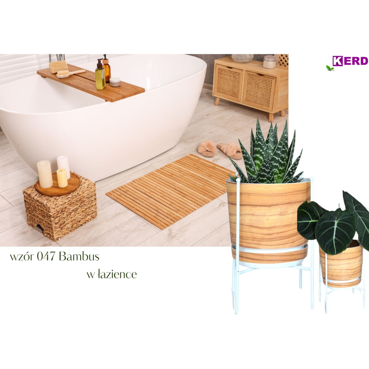 26 cm wzór BAMBUS * Doniczka z podstawką drewnopodobna imitacj deski drewna styl naturalny skandynawski