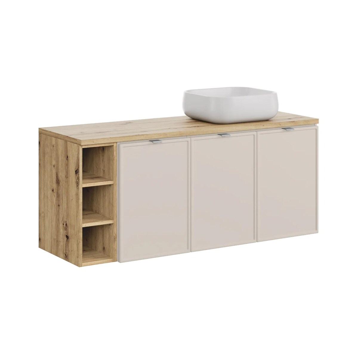 Szafka pod umywalkę nablatową BELLA CASHMERE 120cm kaszmir/dąb artisan - zestaw 140 cm z regałem i blatem