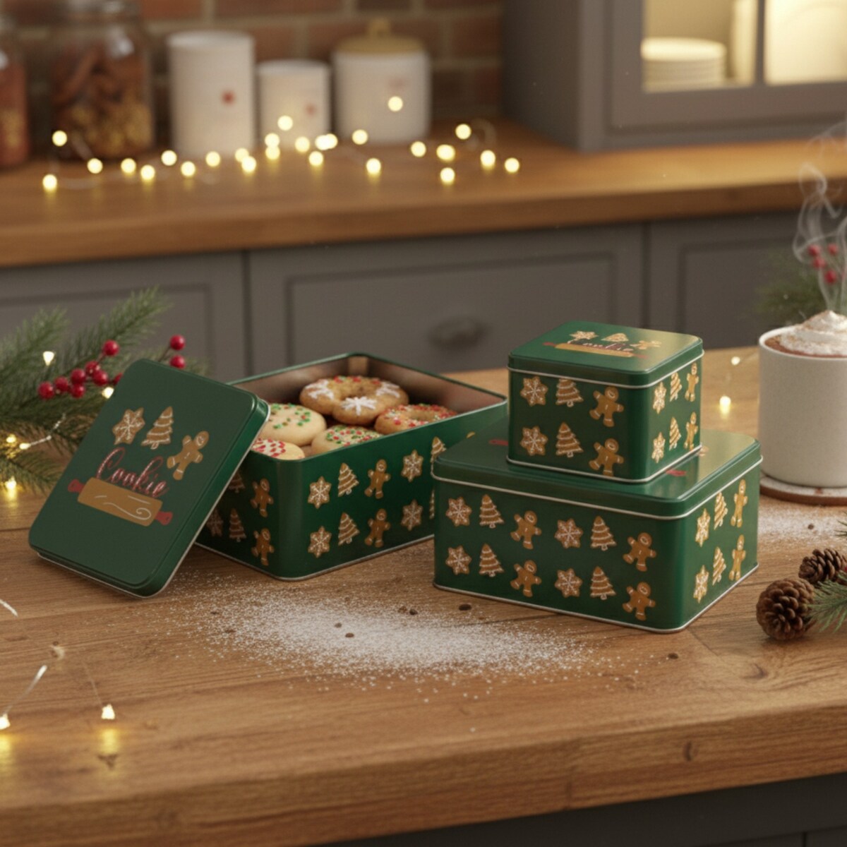 Puszka 3 szt. metalowa na ciastka świąteczne 18x18x8,5 cm POTERA zielona