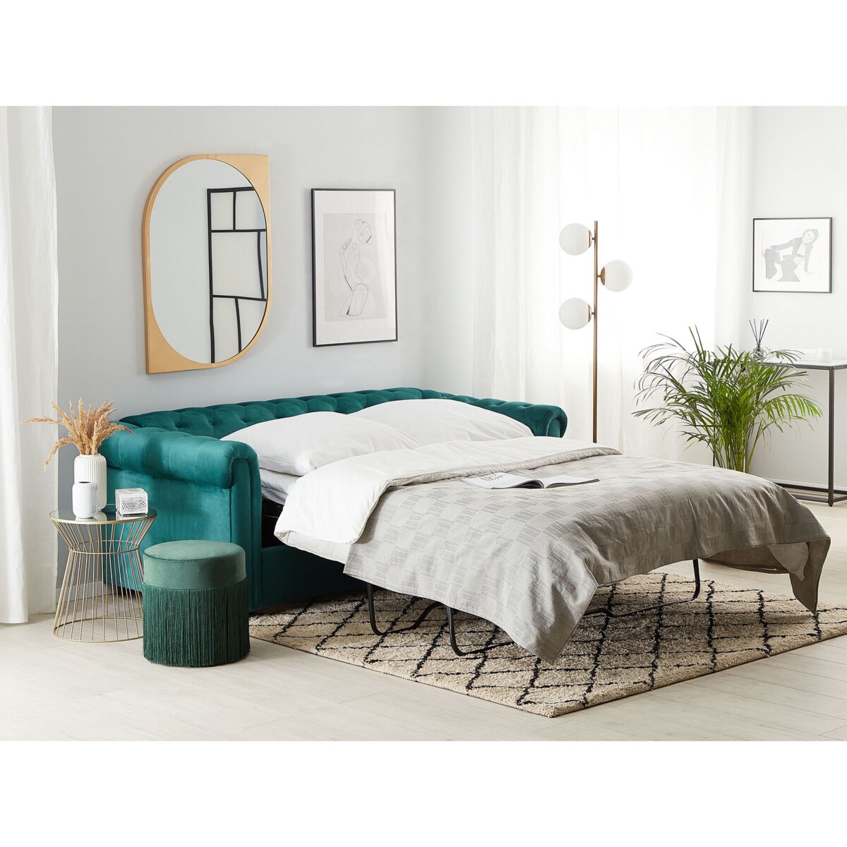 Sofa rozkładana welurowa zielona CHESTERFIELD