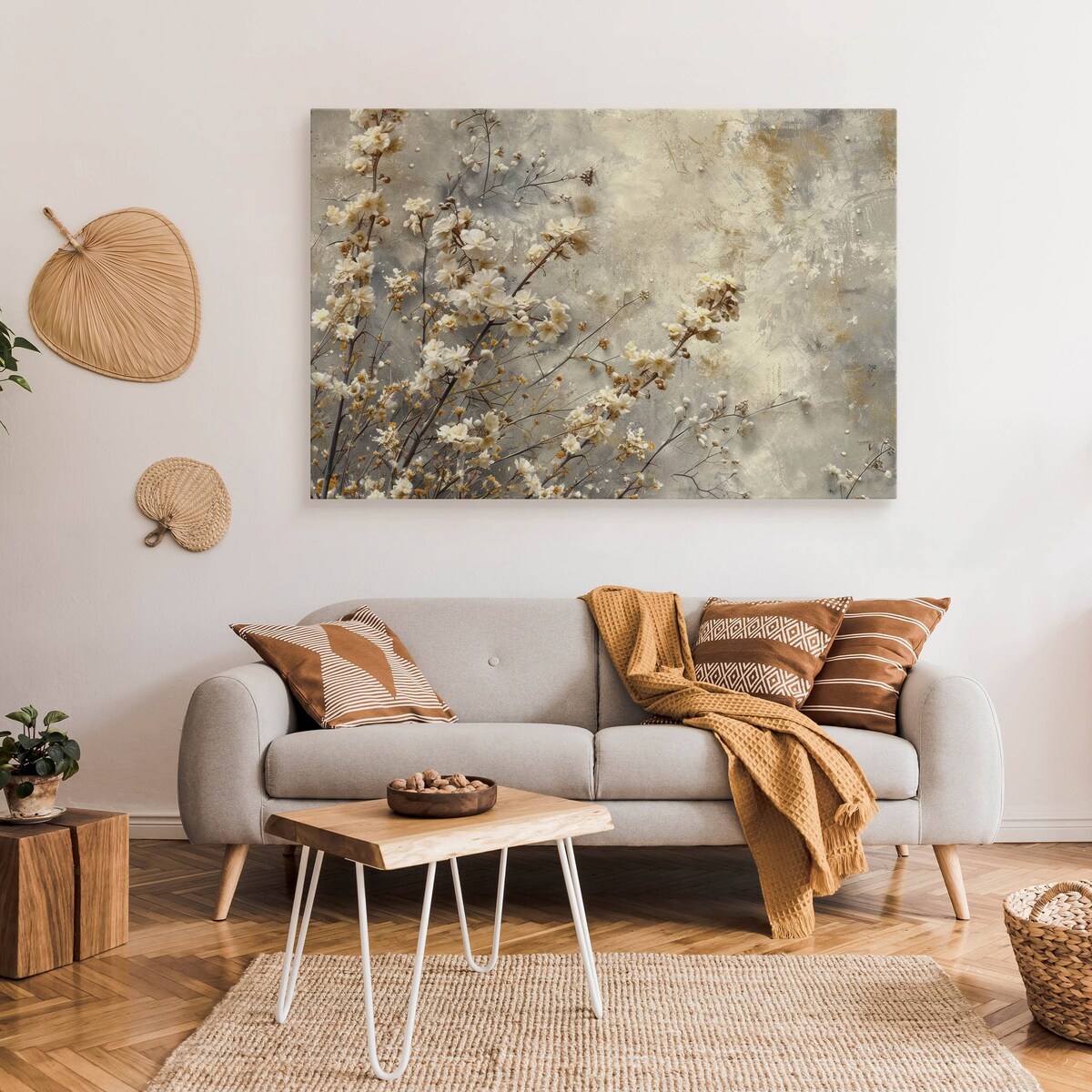 Obraz Na Płótnie Do Salonu Białe Kwiaty Natura Beton Abstrakcja 70x50cm