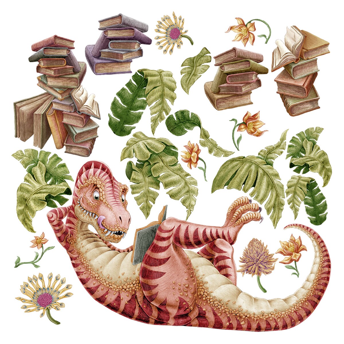 Zestaw naklejek na ścianę, Pastelowy dinozaur czytelnik, 130cm