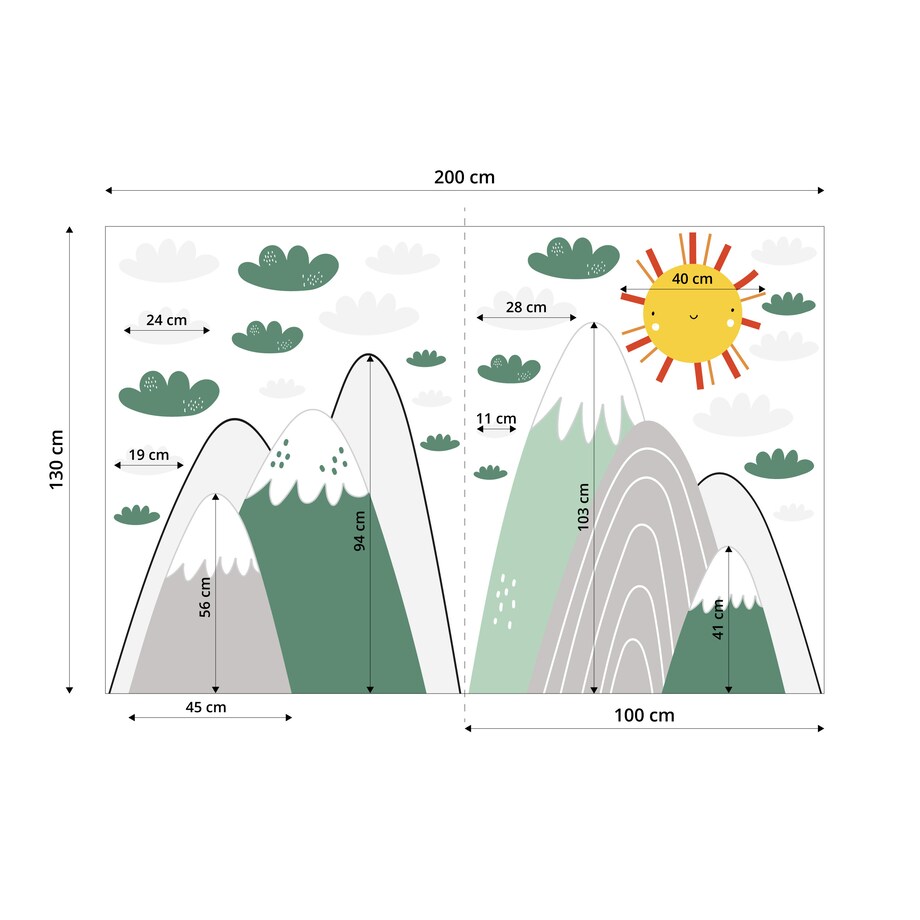 NAKLEJKI ŚCIENNE DLA DZIECI ZIELONE GÓRY CHMURKI ZESTAW STYL SKANDYNAWSKI