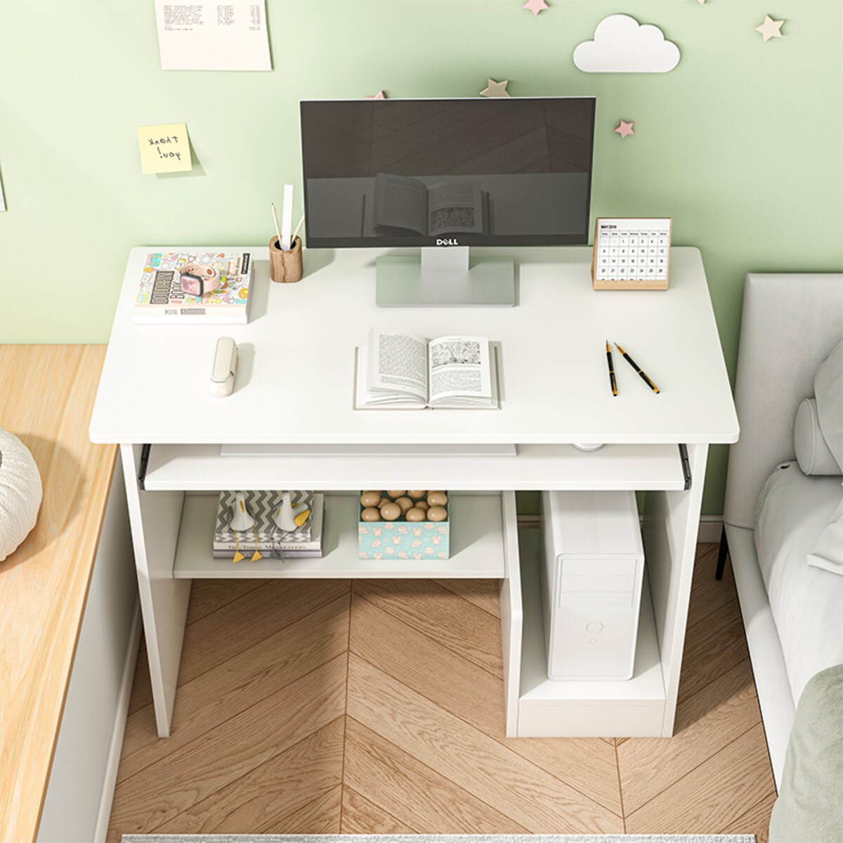 Biurko Komputerowe Białe Nowoczesne Z Szufladą Półkami Młodzieżowe Stolik
