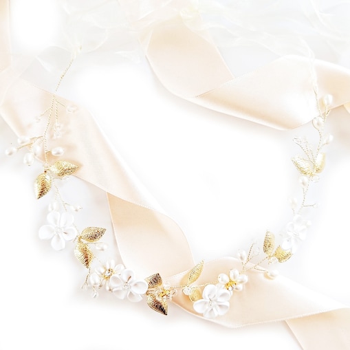 Wianek złoty z listkami na głowę PERŁY gałązka ozdobna fryzura rozpuszczona