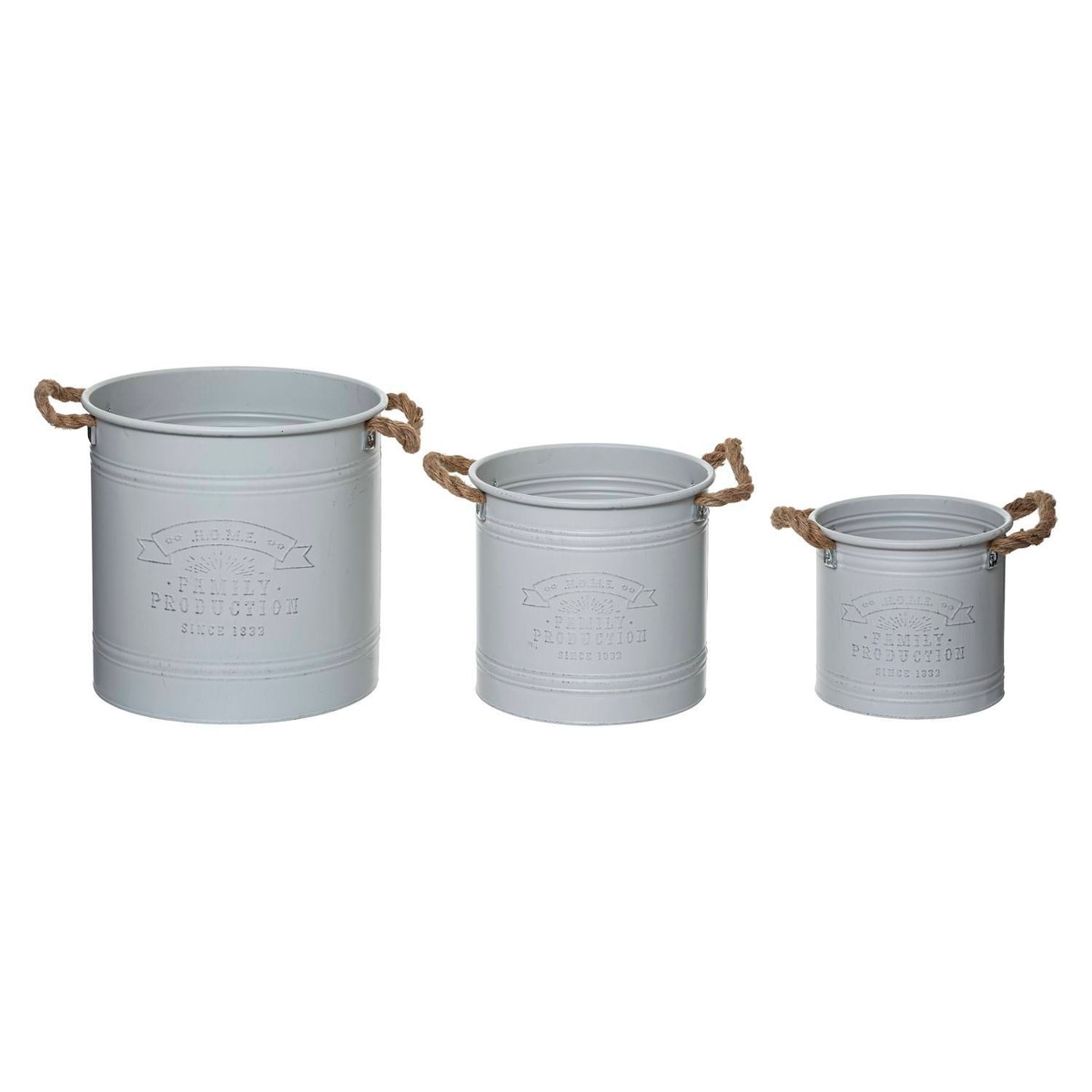 Doniczki metalowe z uchwytami ze sznurka, 3 sztuki