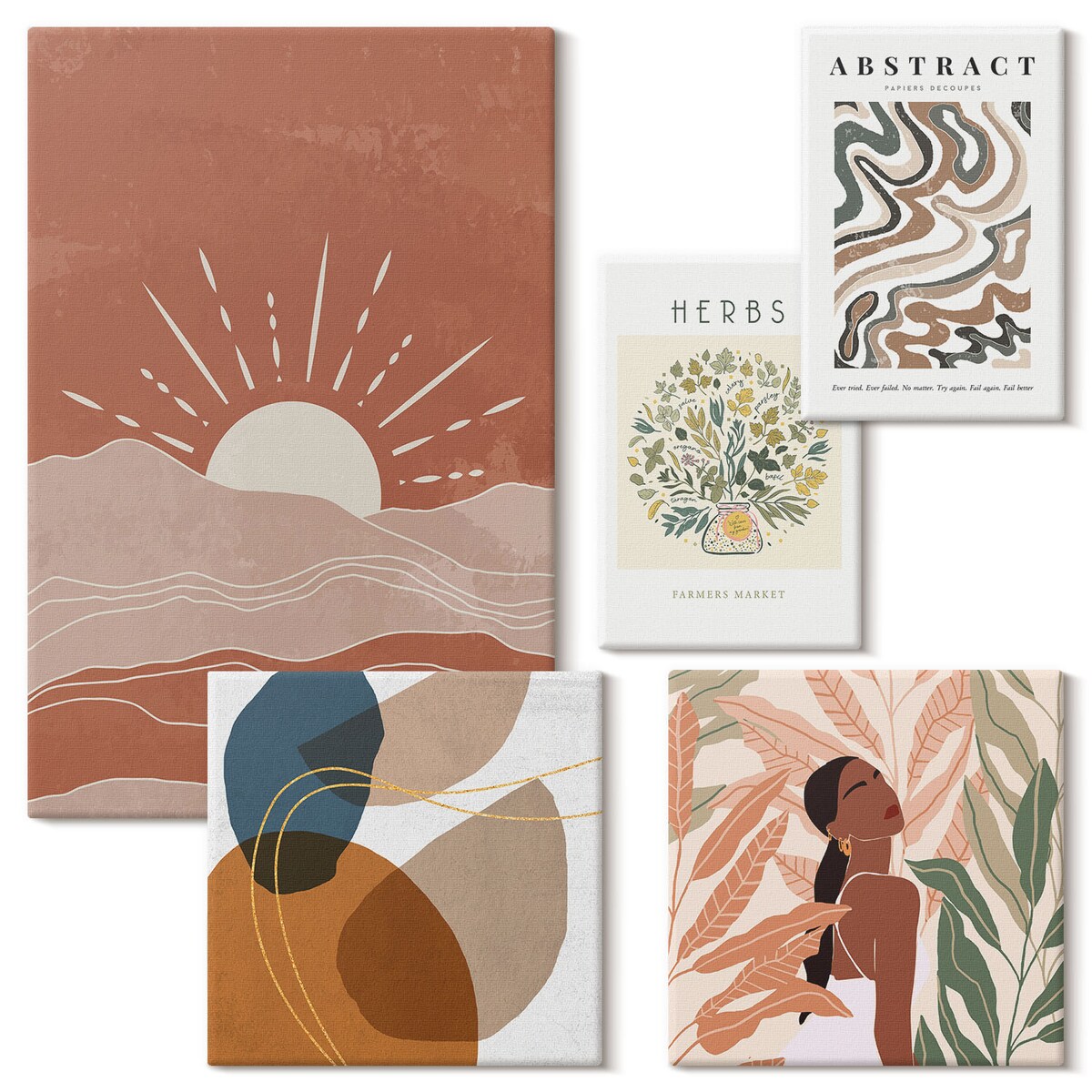 Zestaw 5 obrazów na płótnie - Styl boho roślinne motywy abstrakcyjne - brązowy