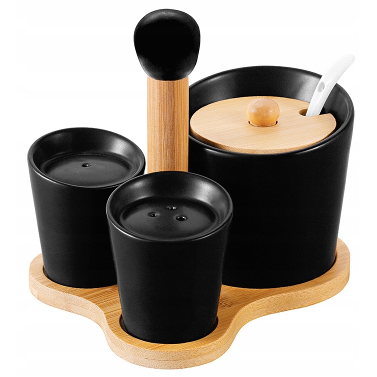 ZESTAW cukiernica solniczka pieprzniczka na bambusie podstawka CZARNY box