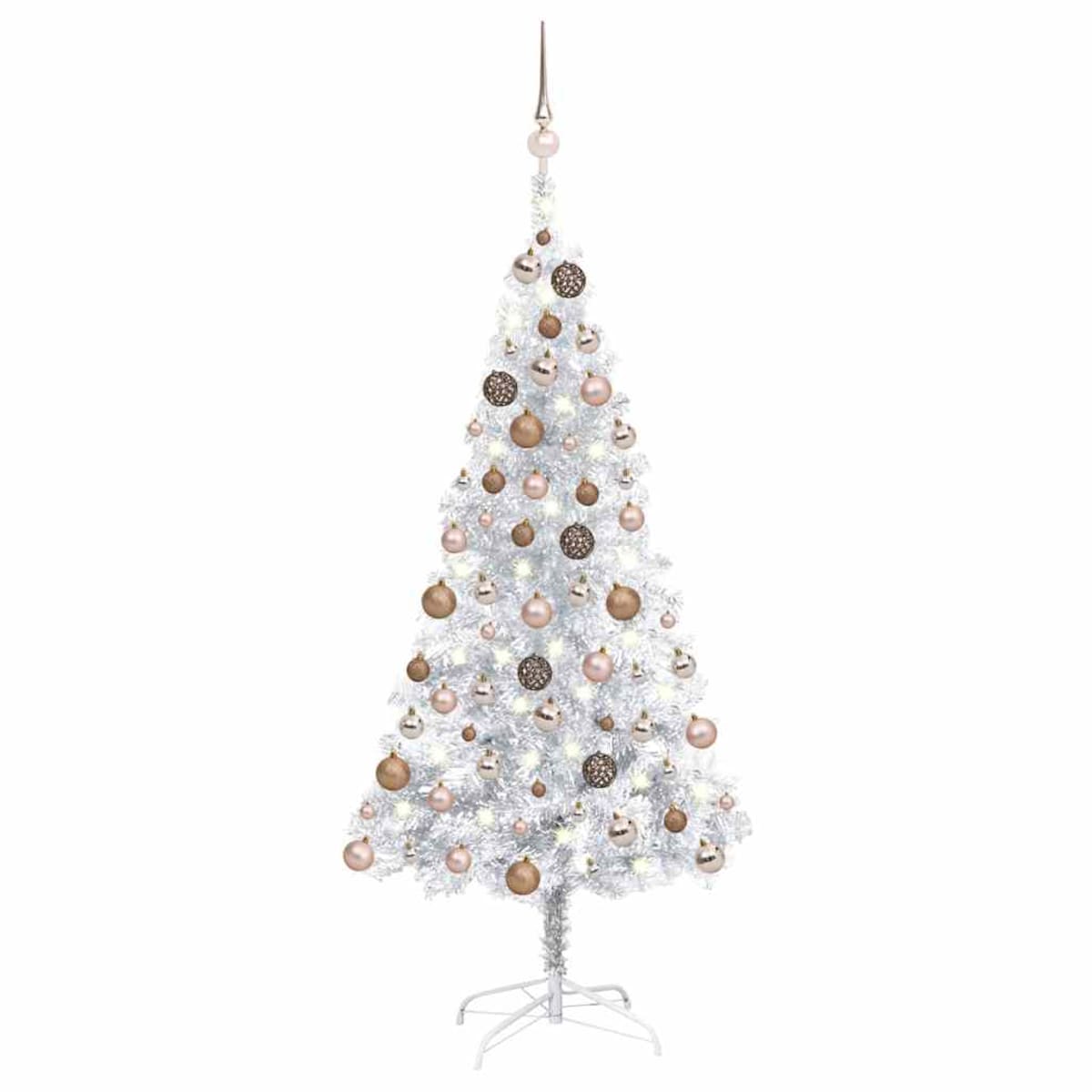 vidaXL Sztuczna choinka z lampkami i bombkami, srebrna, 120 cm, PET