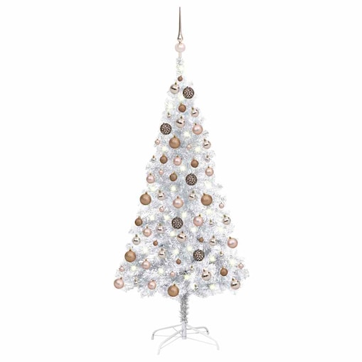 vidaXL Sztuczna choinka z lampkami i bombkami, srebrna, 120 cm, PET
