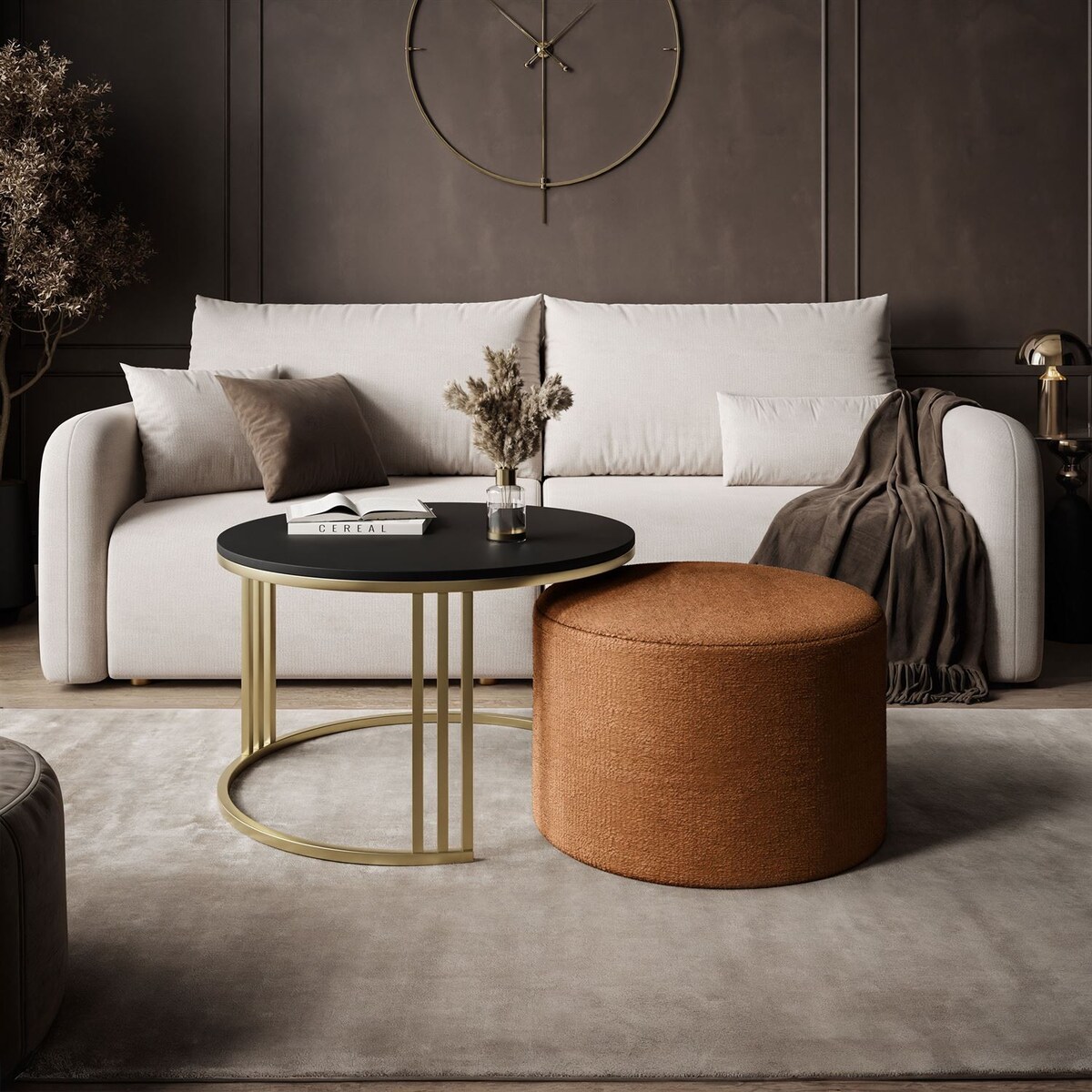Stolik kawowy z pufą LORI MAT złoto szczotkowane, czarny mat / Perfect Harmony 52