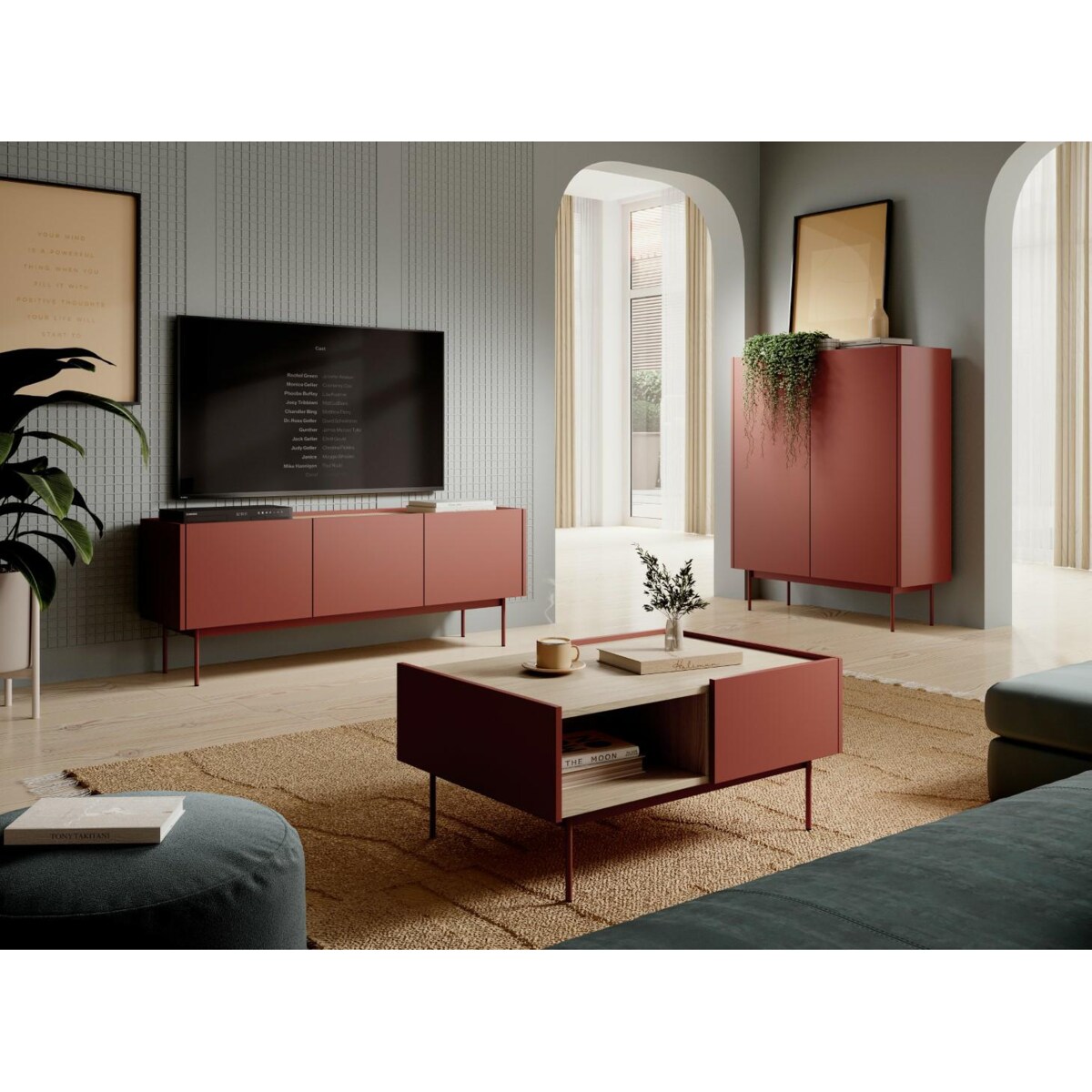 SZAFKA RTV Cashmer czerwona 3 SZAFKI metalowe nogi