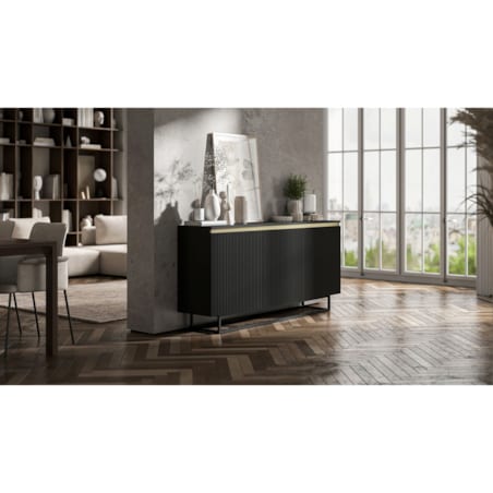 Komoda Glamour Szafka RTV Czarny MAT ryflowane fronty czarny stelaż 166,8 cm