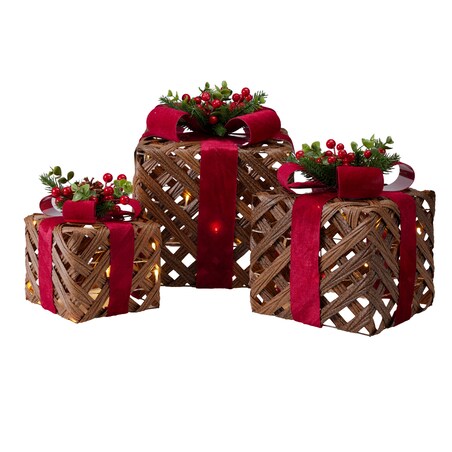 Zestaw 3 świecących pudełek prezentowych, kwadratowe, 15, 20 i 25 cm, LED, na baterie, kolor brązowy
