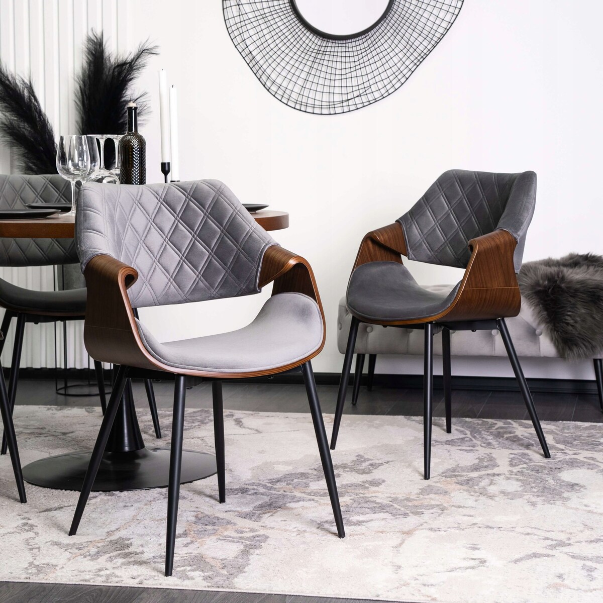 Krzesło Tapicerowane Welurowe Loft DAKOTA Drewno Gięte Szare Do Salonu