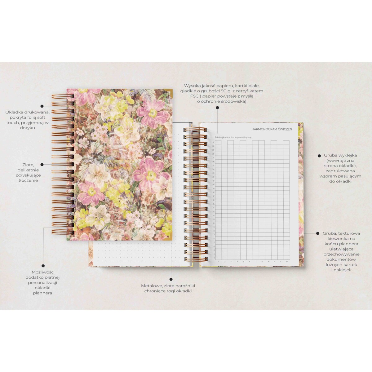 Planner dzienny na spirali 2025 – Vintage Floral
