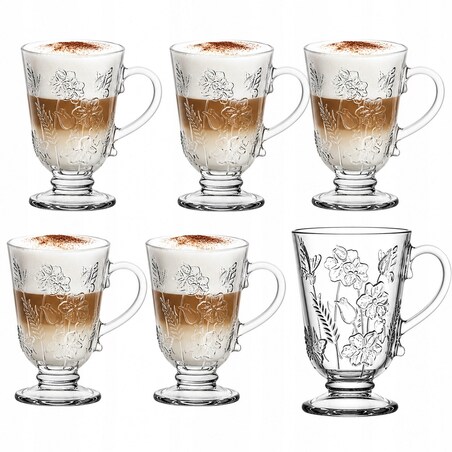 Wysokie Szklanki 310 ml 6szt Ozdobne Szkło z Kwiatowym Wzorem na latte kawę