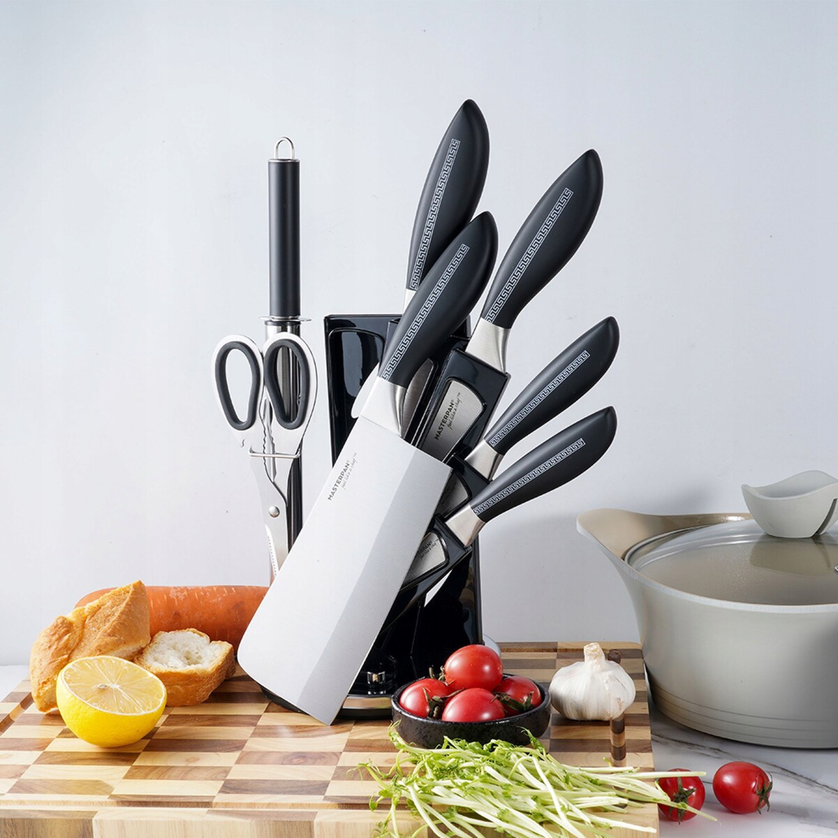 Zestaw Komplet Noży Kuchennych W Stojaku 8 Szt. Ostrzałka Nożyczki Ostre