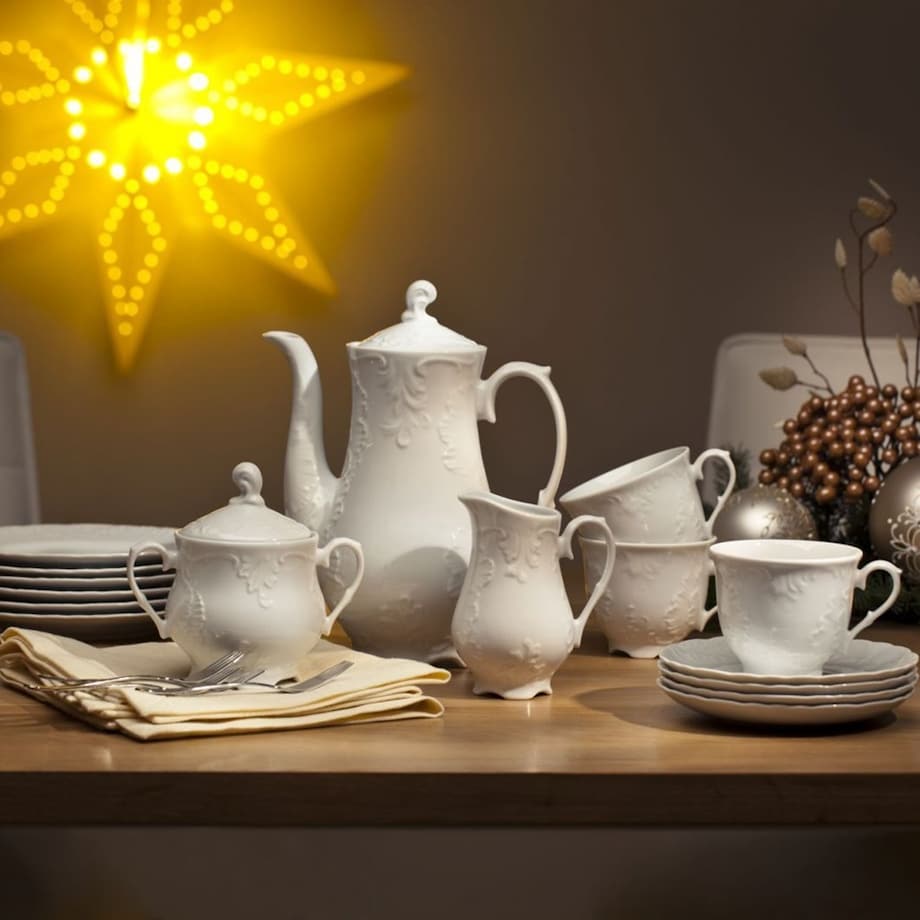 Zestaw obiadowo-kawowy dla 6 osób 50 el. Rococo Maria białe 0001