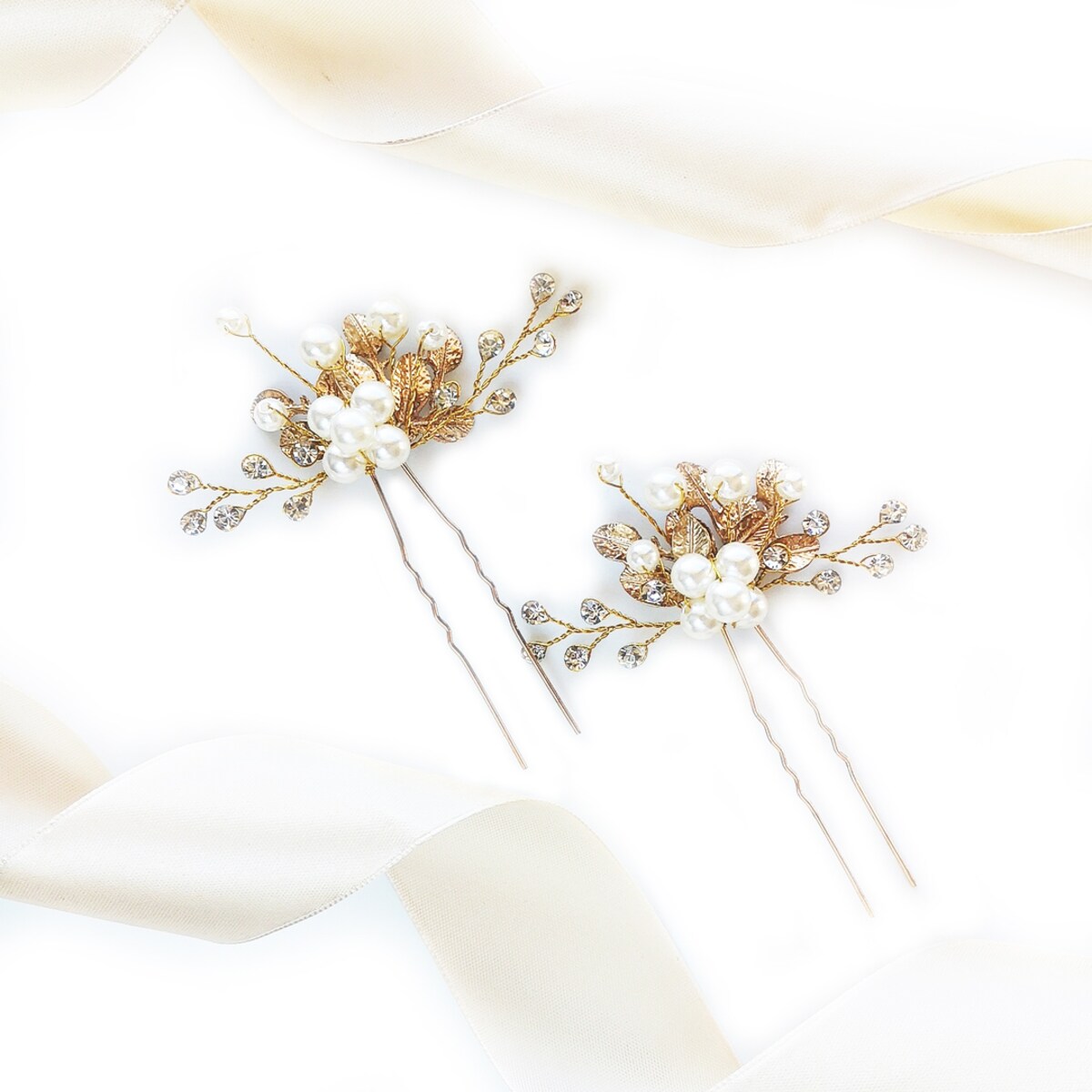 Komplet wsuwek ślubnych złotych pozłacanych listki