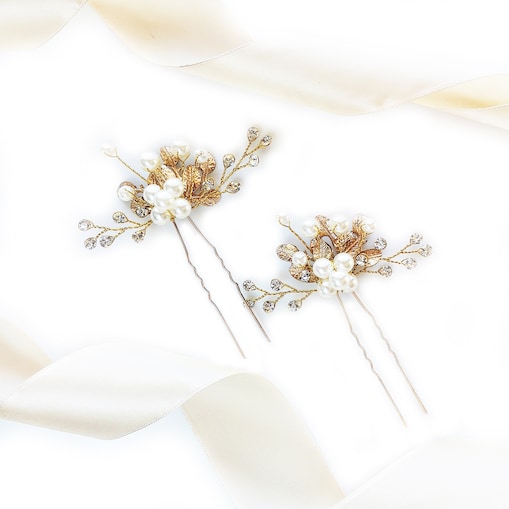 Komplet wsuwek ślubnych złotych pozłacanych listki