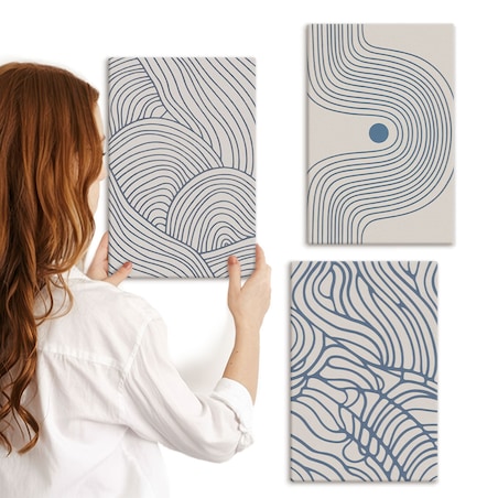 Zestaw 3 małych obrazów na płótnie - Abstrakcyjne linie fale kształty - niebieski