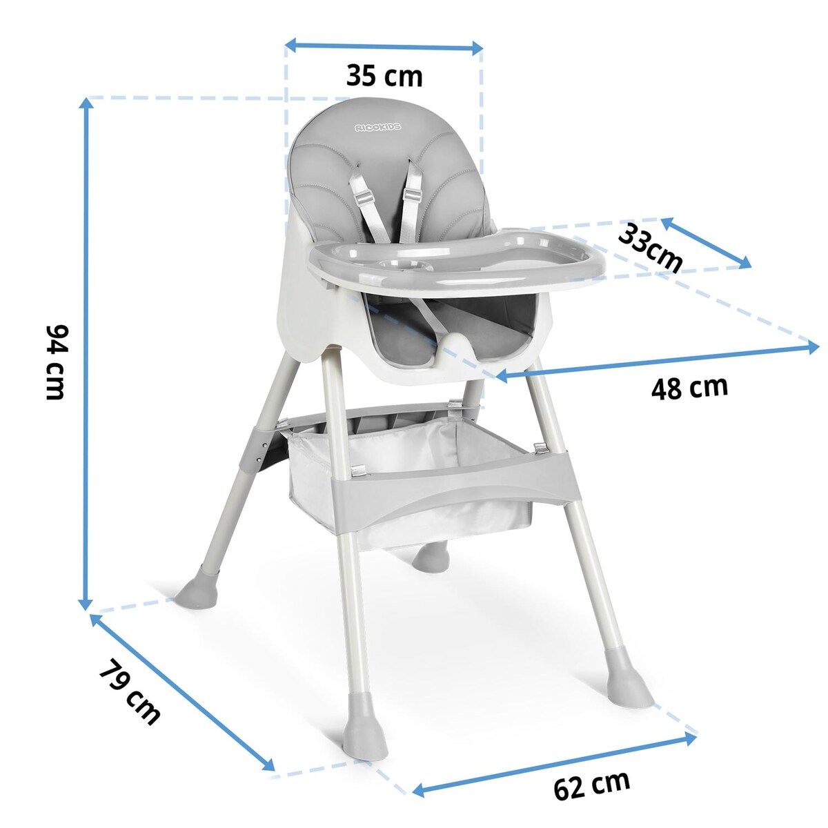 Krzesełko do karmienia dla dzieci Ricokids Milo składane szary 700000
