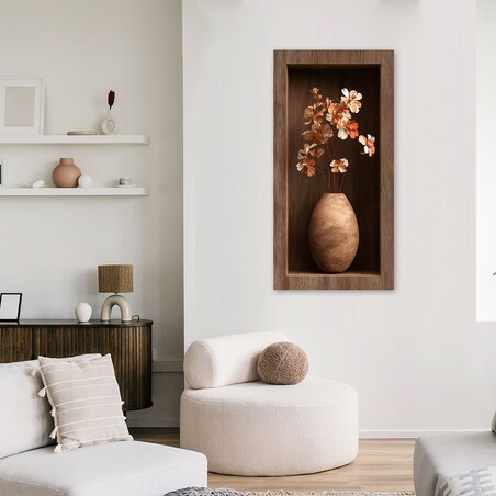 Obraz na ścianę do salonu, Kwiaty w brązowej drewnianej wnęce 40x80