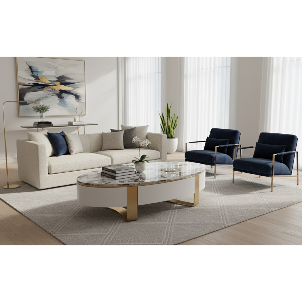 Stolik kawowy biały/ ława Sofia na złotych nogach z kamiennym blatem 150x80x38