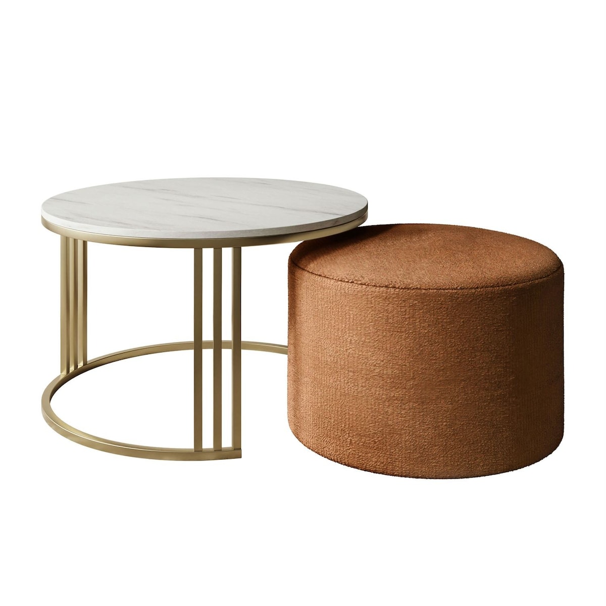 Stolik kawowy z pufą LORI MAT złoto szczotkowane, Marmur Levanto / Perfect Harmony 52