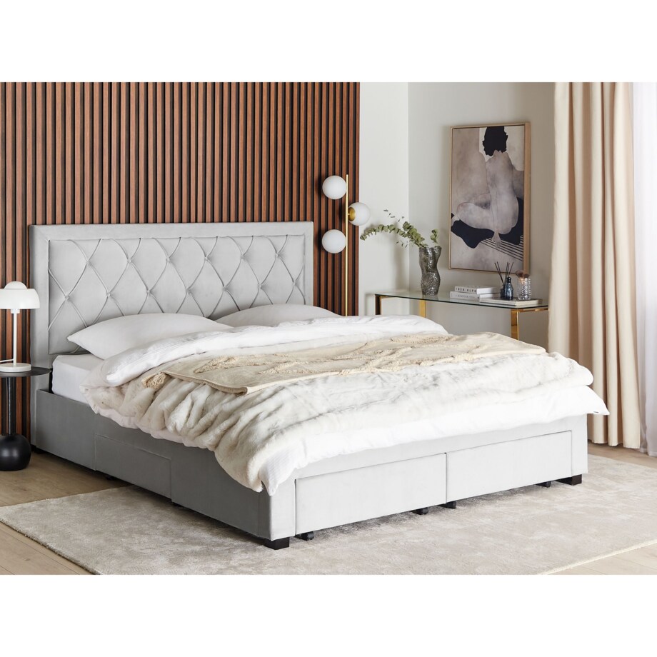 Łóżko z szufladami welurowe 180 x 200 cm jasnoszare LIEVIN