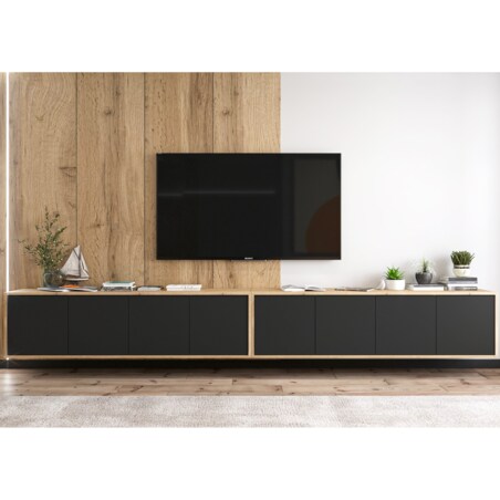 Wisząca Szafka RTV Loft Komoda RTV Dąb Wotan Czarny MAT 300 cm