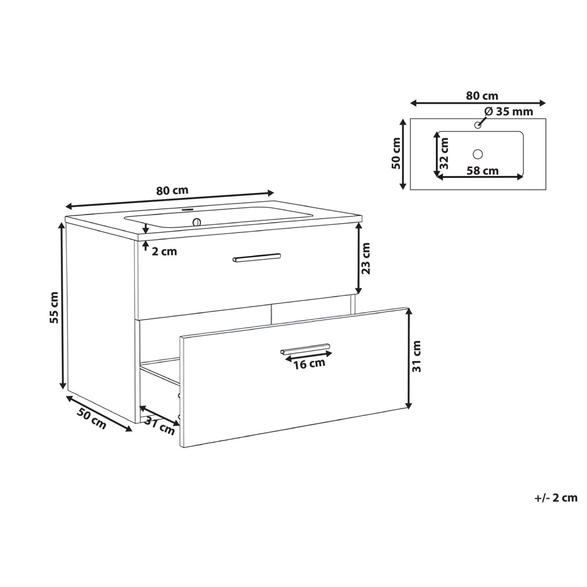 Szafka łazienkowa wisząca z umywalką YELCHO 80 cm Jasnobrązowy