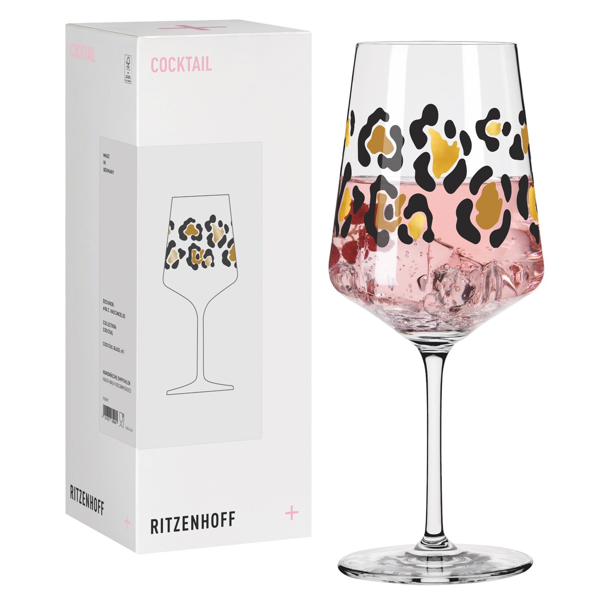Ritzenhoff Kieliszek kryształowy Cocktail wzór panterki złoty, czarny 544 ml ilustrator: A. Vasconcelos