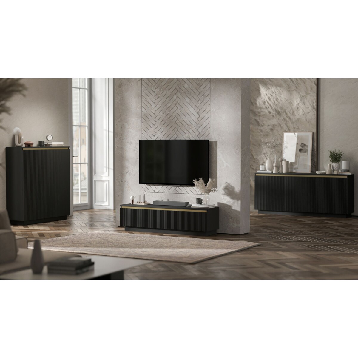 Nowoczesna Komoda Glamour Szafka RTV Czarny MAT ryflowane fronty 110,8 cm