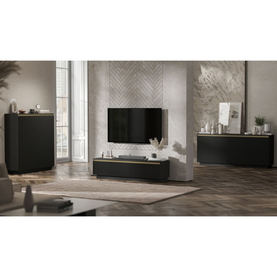 Nowoczesna Komoda Glamour Szafka RTV Czarny MAT ryflowane fronty 110,8 cm