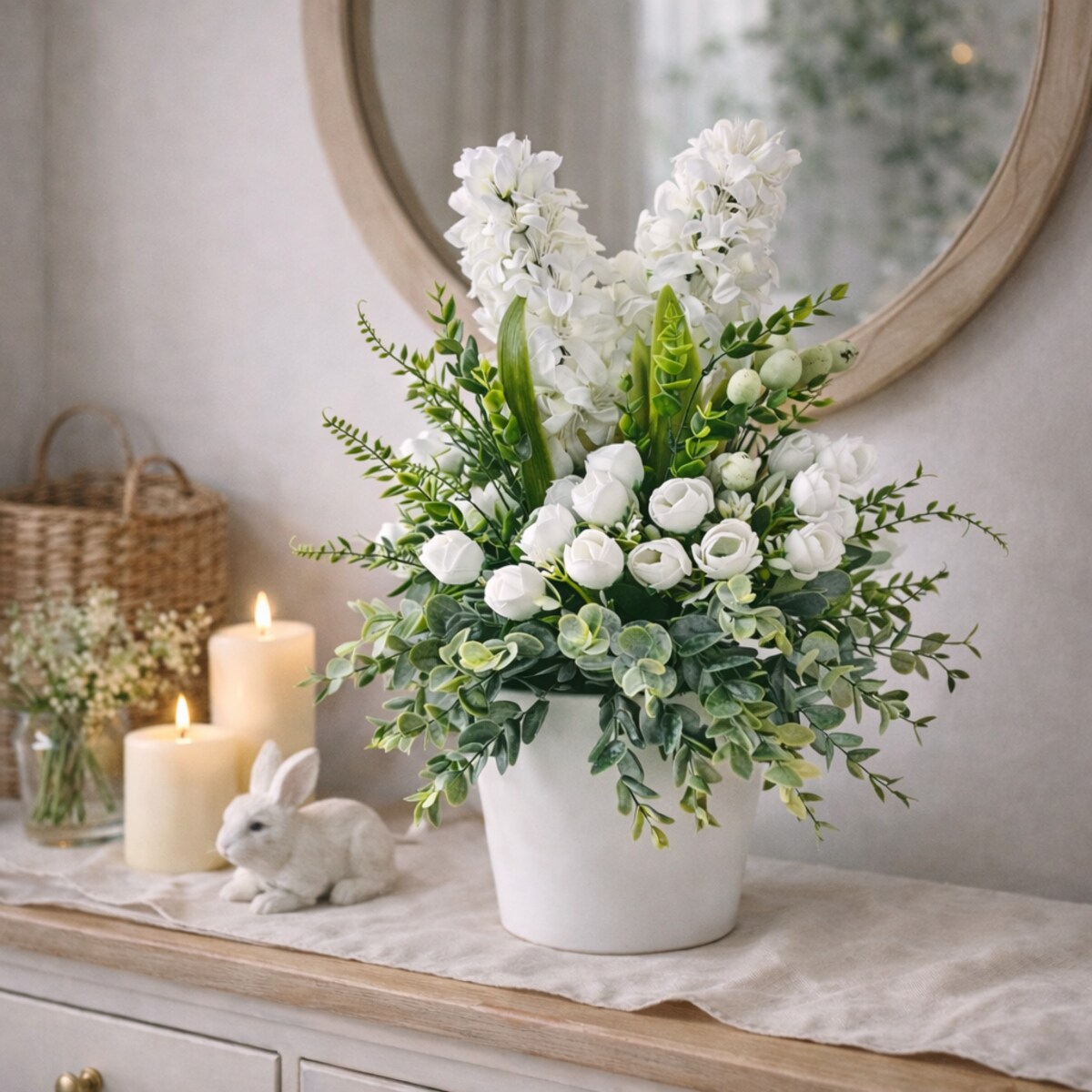 Stroik wielkanocny z hiacyntami w ceramicznej donicy