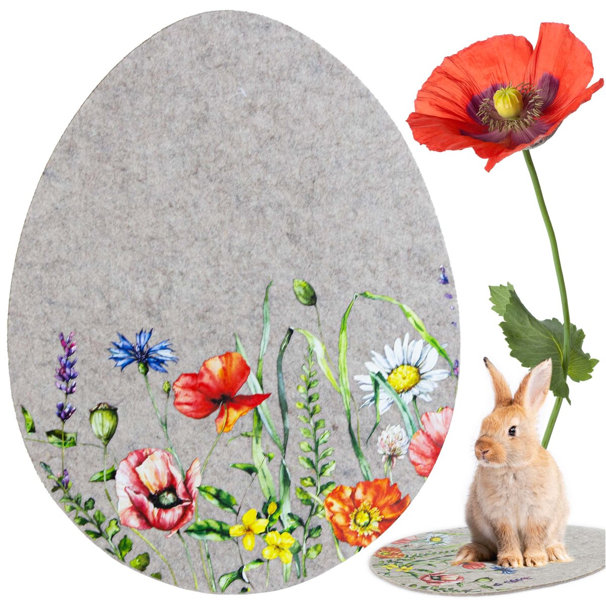 Podkładka Filcowa Wielkanocna Pisanka Na Stół Dekoracyjna Ozdobna Kwiaty Jasnoszara 40X31,5 Cm