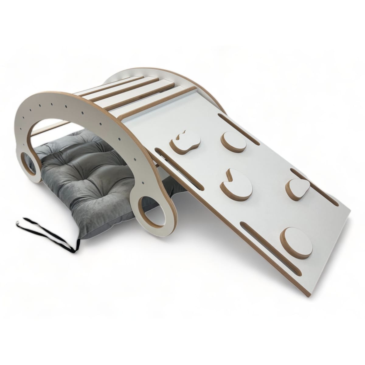 Drewniany Bujak Montessori dziecka +Poduszka Szara +Ścianka +Zjeżdżalnia CE