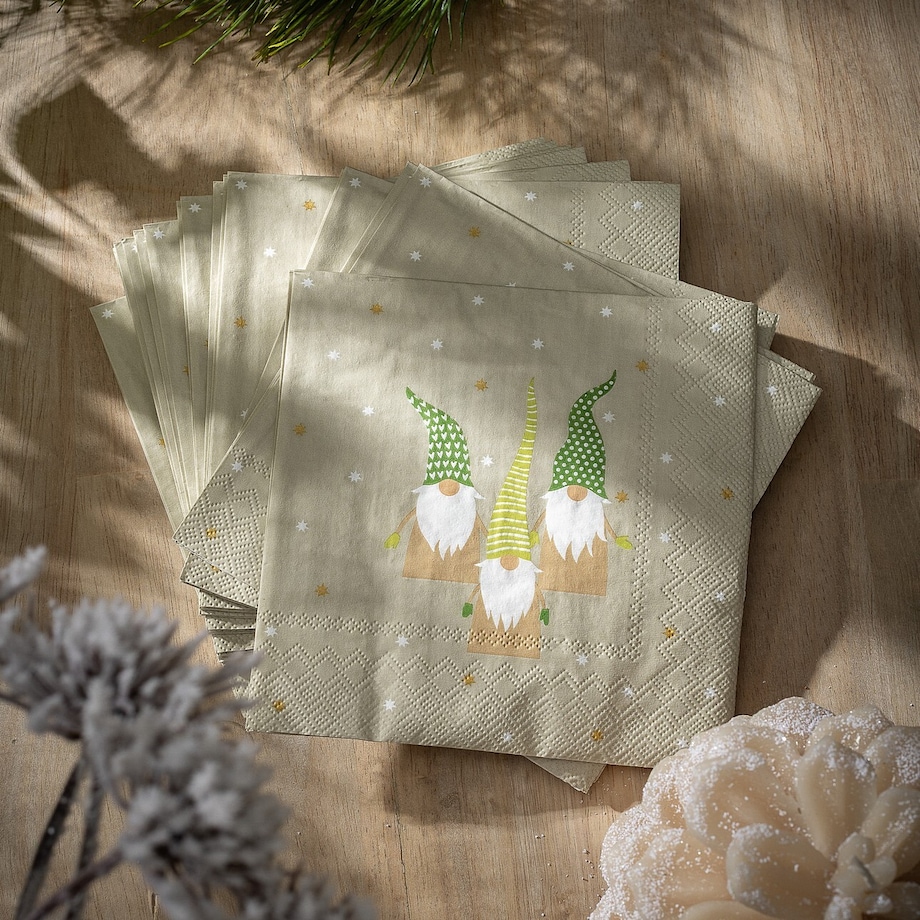 Serwetki świąteczne Gnomes 20 szt. boże narodzenie, święta, świąteczne, beżowy, 16x16x3 cm