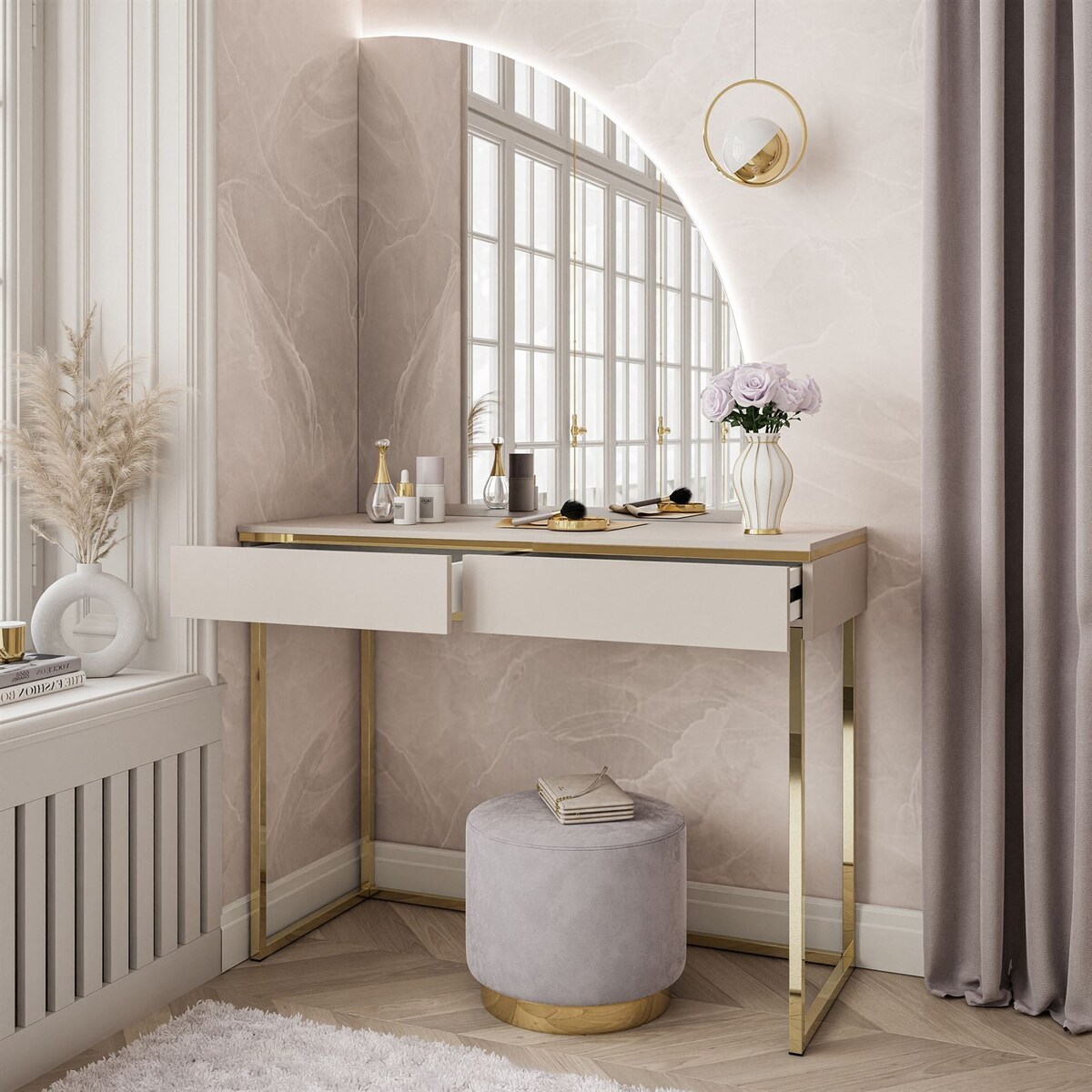 Toaletka AURORA-Q kaszmir złoty chrom lustro prawe