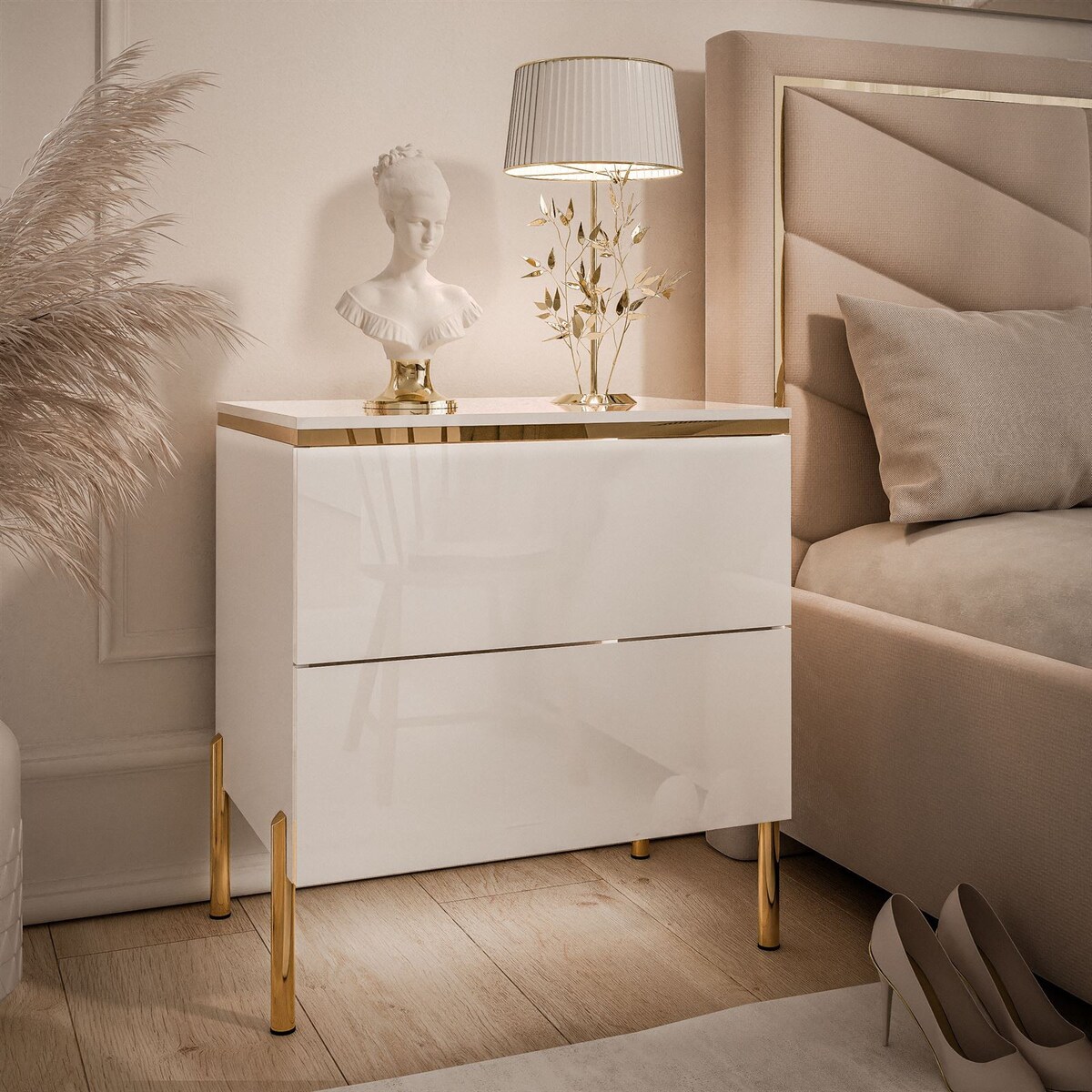 Stolik nocny AURORA II biały połysk nogi proste LED