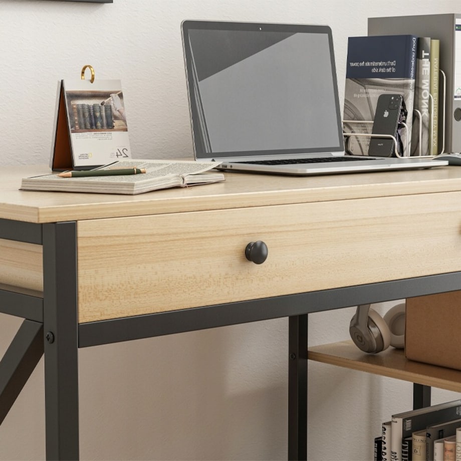 Biurko komputerowe loft industrialne szuflada półki jasny dąb skandynawski