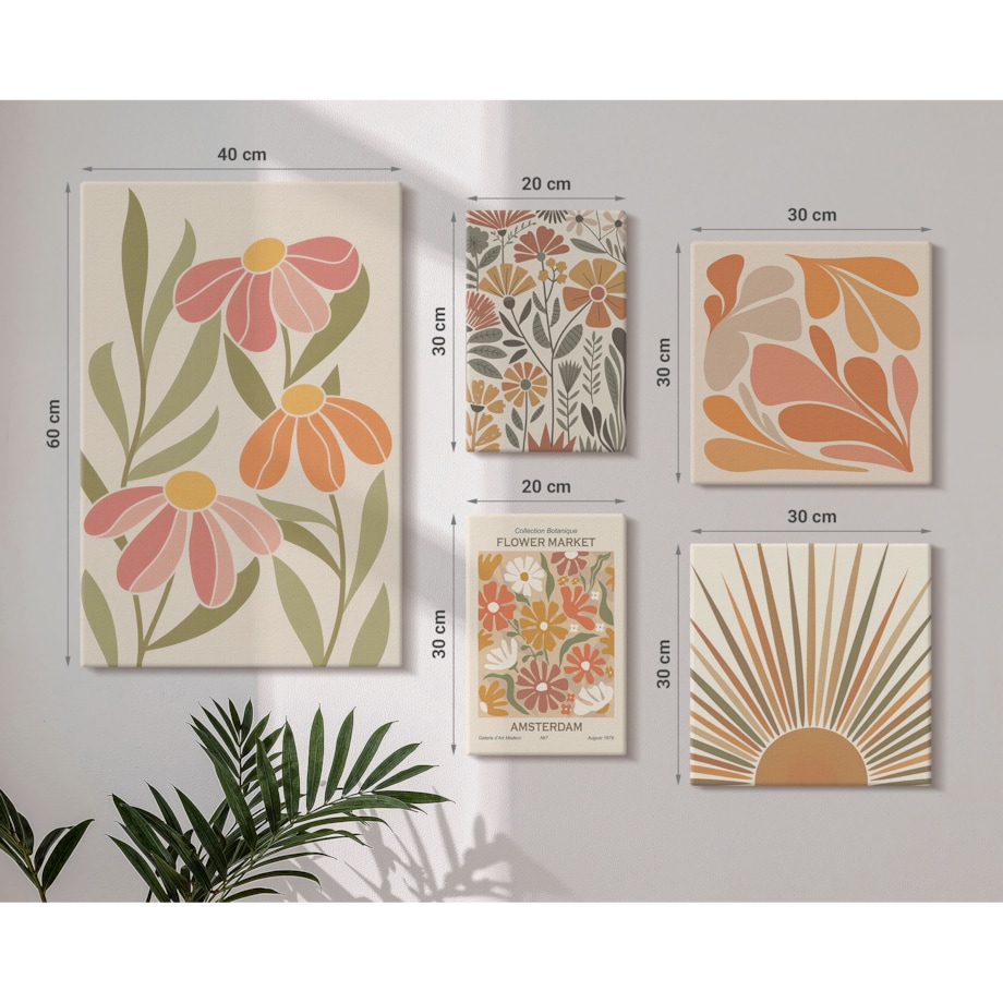 Zestaw 5 obrazów na płótnie - Styl boho kwiaty geometryczne - pomarańczowy