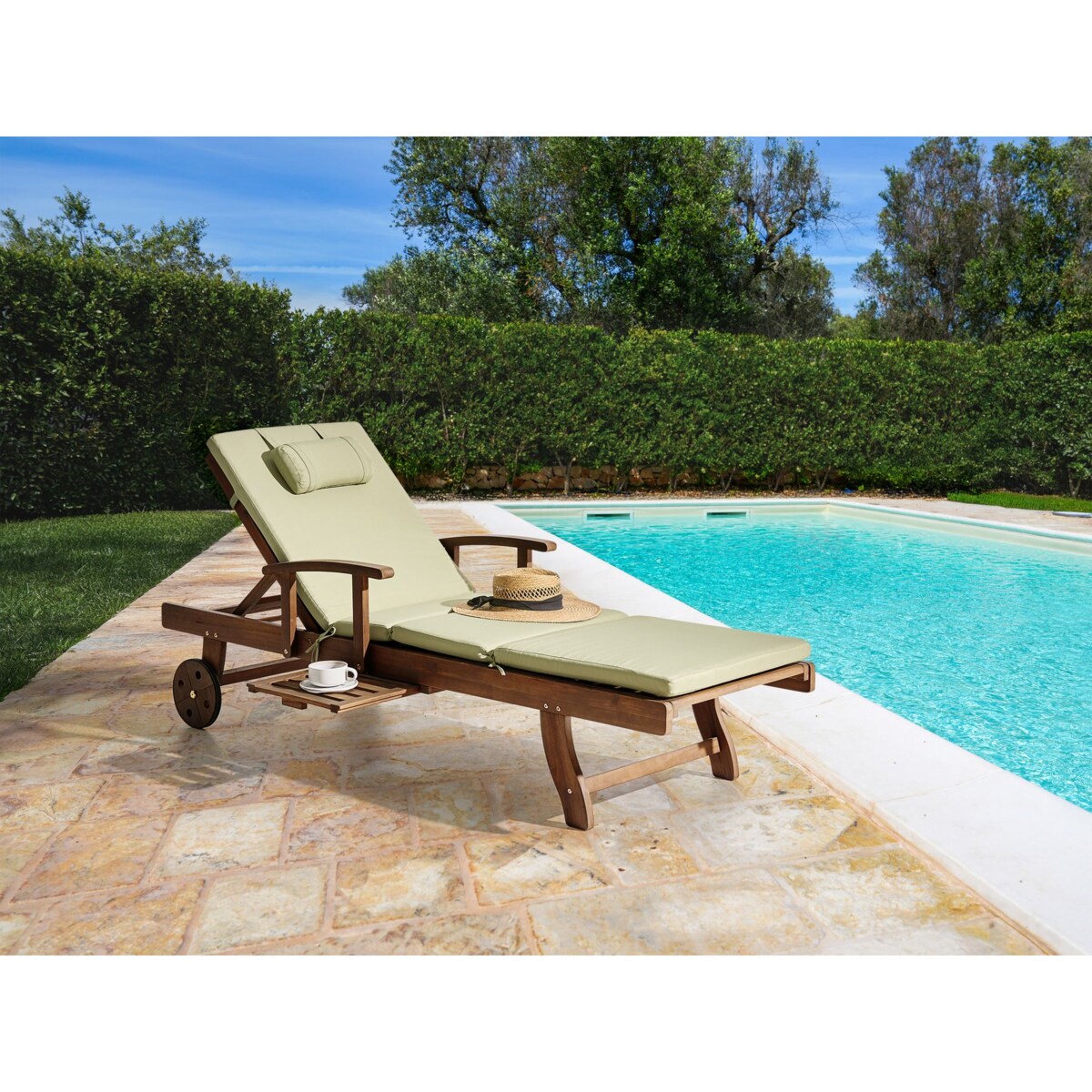 Leżak ogrodowy z poduszką AMANTEA PREMIUM Drewno akacjowe Zielony