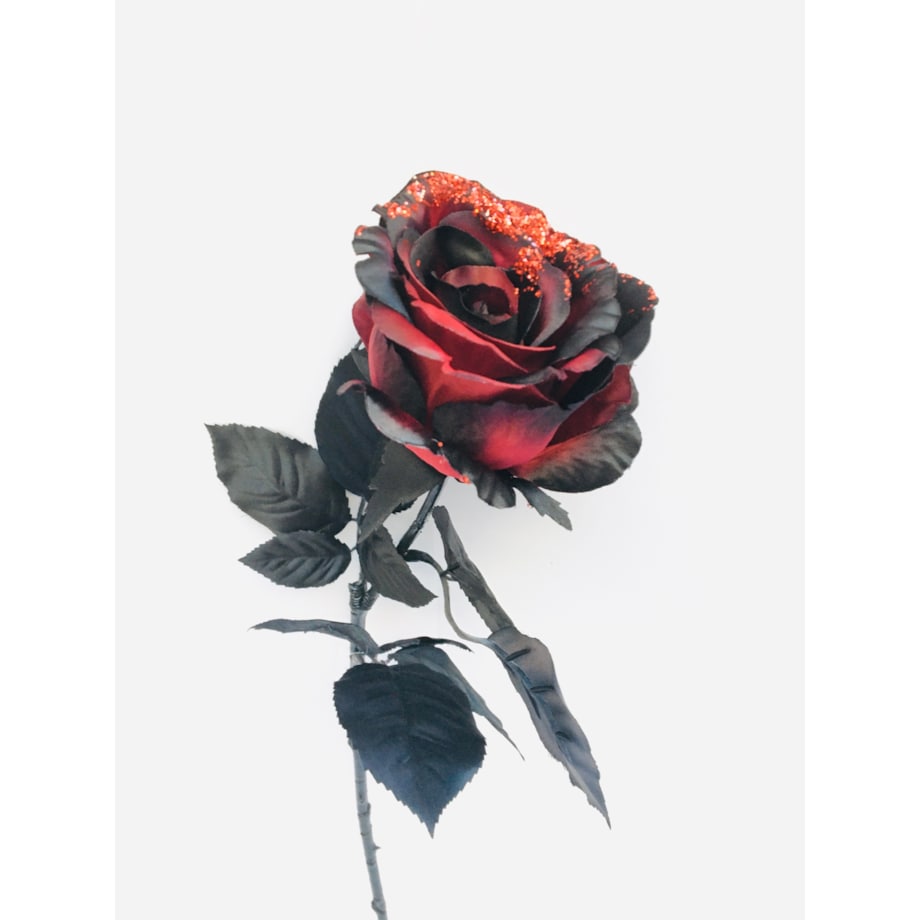 ŁODYGA RÓŻA Z BROKATEM czerwono czarna liść do flakonu wazonu święta 65cm